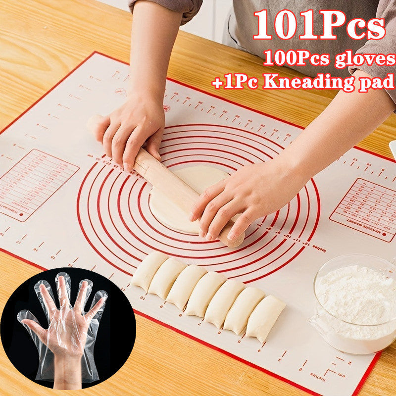 Get 100 pieces of Transparent Disposable PE Gloves, Thin Film Gloves, and Sanitary Gloves for your kitchen needs. These versatile gloves are perfect for various kitchen tasks. Also included is a Multifunctional Non-Slip Baking Mat with Measurement Lines