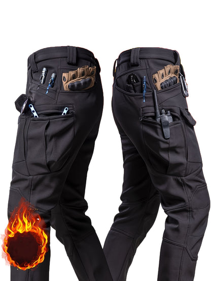 Men's outdoor work pants with pocket design, soft shell fleece lining, mid-rise style, suitable for autumn and winter seasons.