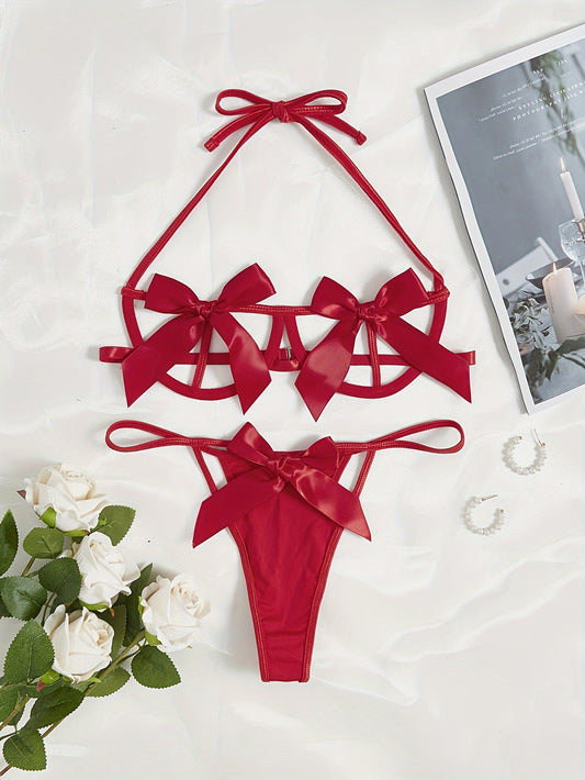 Seductive Bow Lingerie Set: Halter Bra, Cut Out Thong