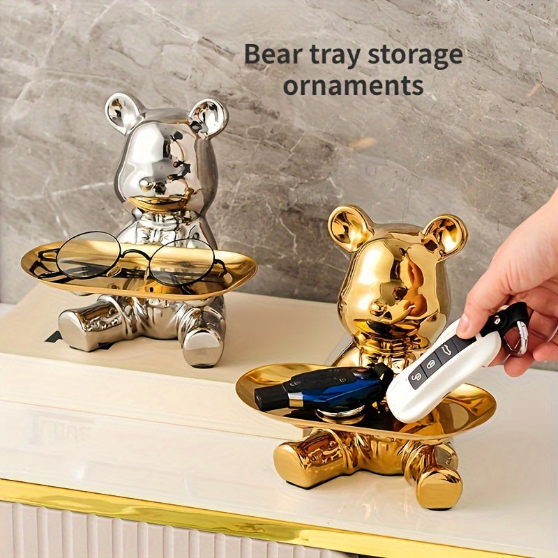 Ceramic bear figurine with metal tray - modern home decor and key organizer.