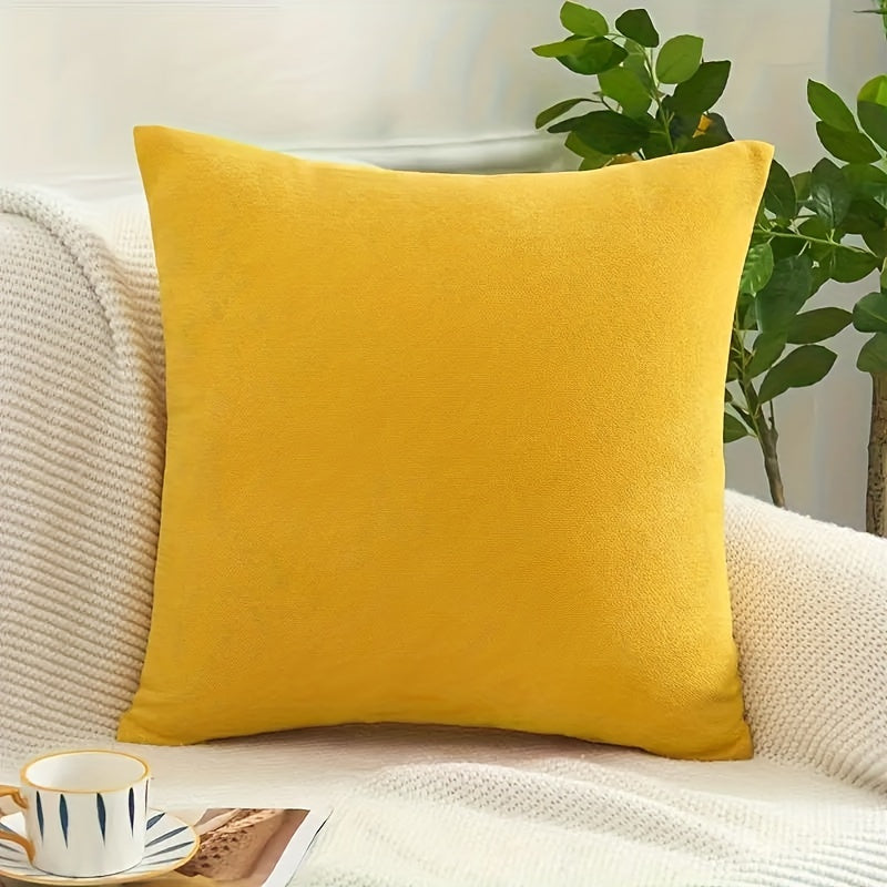 Yellow sofa pillow cover with contemporary style, machine washable, zipper closure, fits small living room sofa.