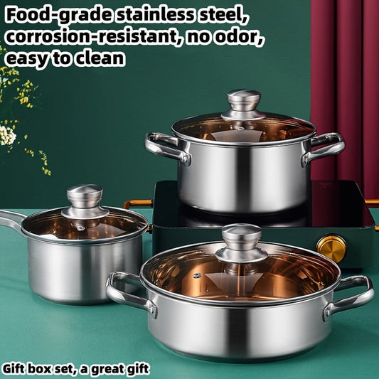 Set of 3 Stainless Steel Cookware with Handles & Lids - Includes 17.48cm, 21.29cm, 25.48cm Pots for Soups, Hot Pot, Noodles, Pasta & Seafood - Works with Induction & Gas Stoves - Comes in Colorful Gift-Ready Box