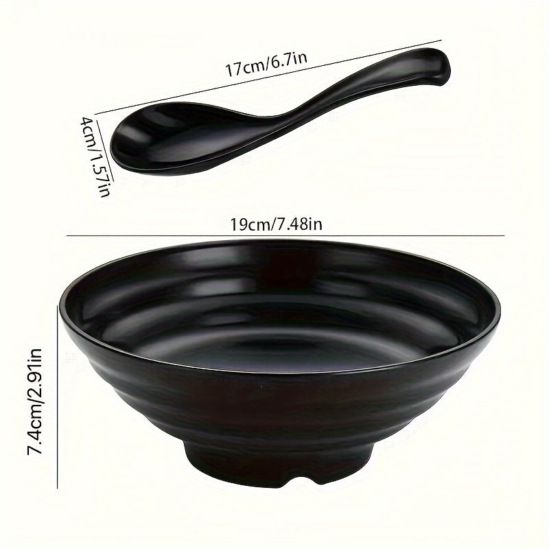 Large ramen bowl with spoon, Japanese-style, BPA-free, microwave and dishwasher safe. Perfect for home, kitchen, restaurants.