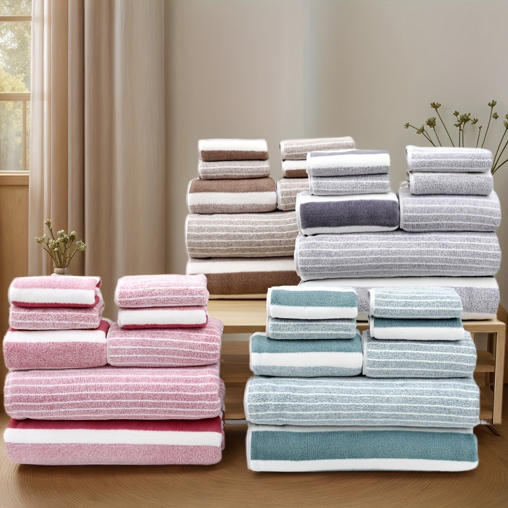 Set of 8 soft coral velvet towels, including 2 bath towels, 2 hand towels, and 4 square towels. Absorbent and quick-drying, suitable for household and travel use. Great for bathrooms, schools, and guests.