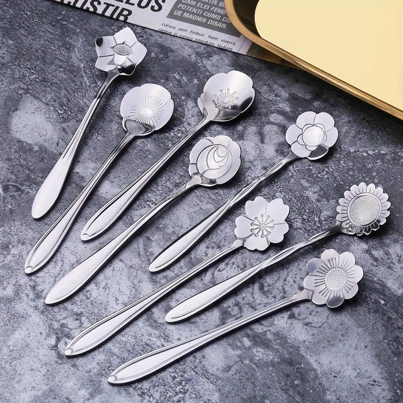 Set of 8 adorable flower-shaped spoons - Ideal for use with tea, coffee, ice cream, and desserts - Made from stainless steel with a luxurious golden and silver coating - Enhance your kitchen decor with these stylish accessories, perfect for a