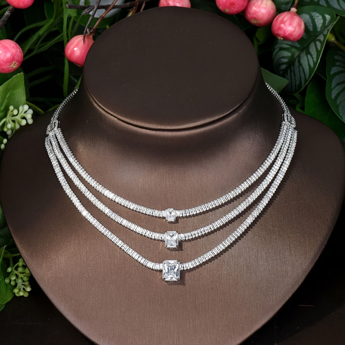 Luxurious Bridal Jewelry Set featuring Multi-Layer Sparkling Square Zirconia, 18k Gold Plating, and Necklace, Earrings, Ring, and Bracelet. Perfect for Women on their Wedding Day or Special Occasion.