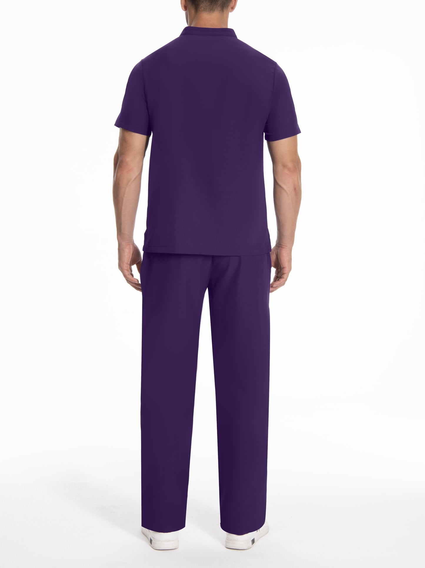 Polyester workwear uniform set for men with a conservative style. Features solid color, woven fabric, small stand collar, regular fit with pockets and belt loops.