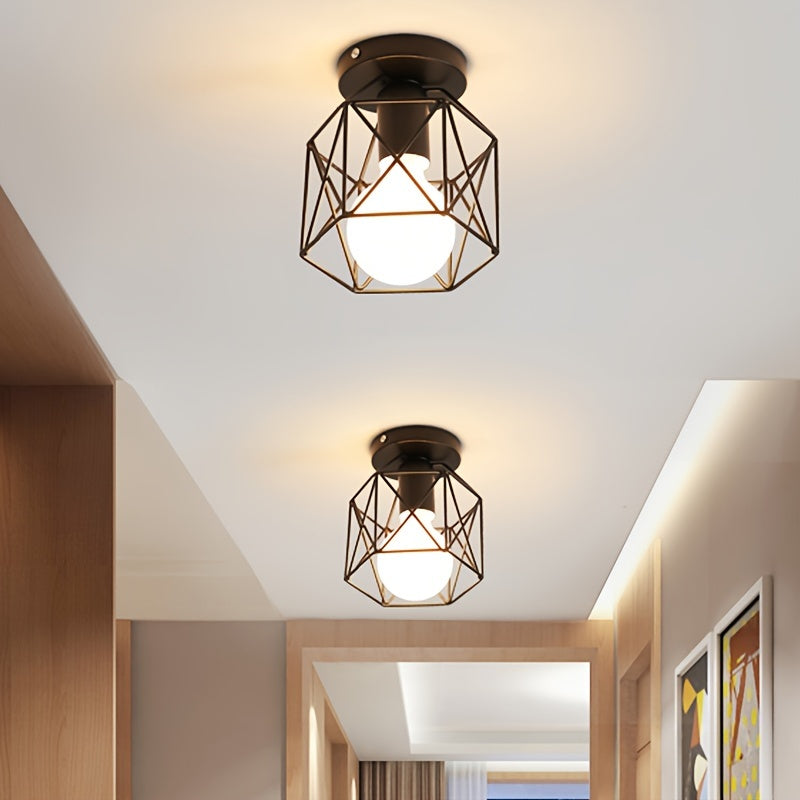 Modern Nordic Black Iron Ceiling Light with E27 Base, Geometric Design, Semi-Flush Mount Installation for Bedroom, Hallway, Balcony, Kitchen.