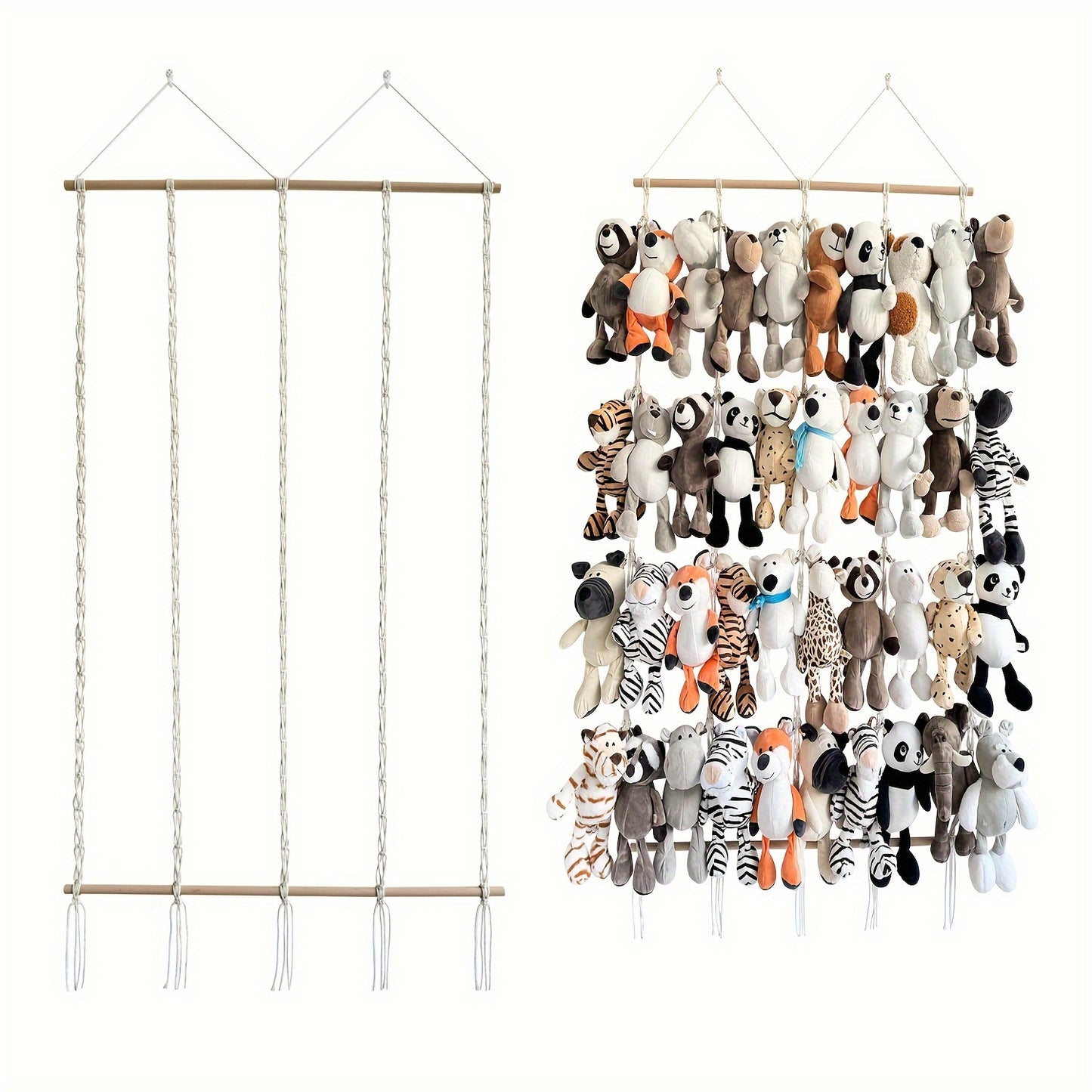 Handmade Bohemian plush toy storage rack with 26/40pcs capacity. Ideal for living rooms, bedrooms, and behind doors. Perfect holiday gift. Includes 2 hooks and clips.