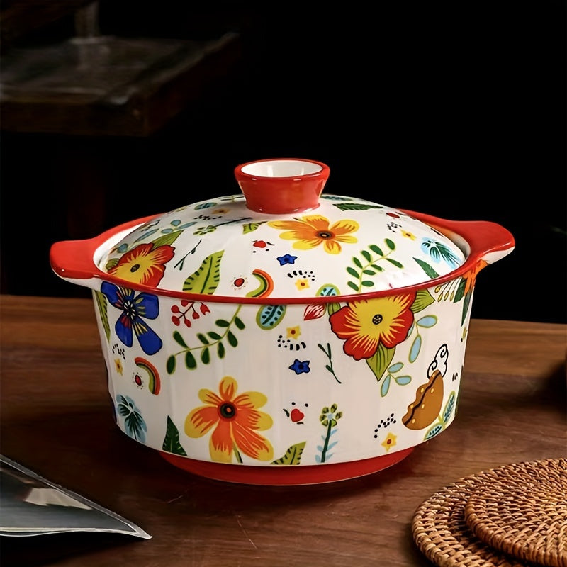 This generously-sized ceramic soup tureen comes complete with a convenient lid and sturdy handles, making it an ideal choice for preparing delicious home-cooked meals.