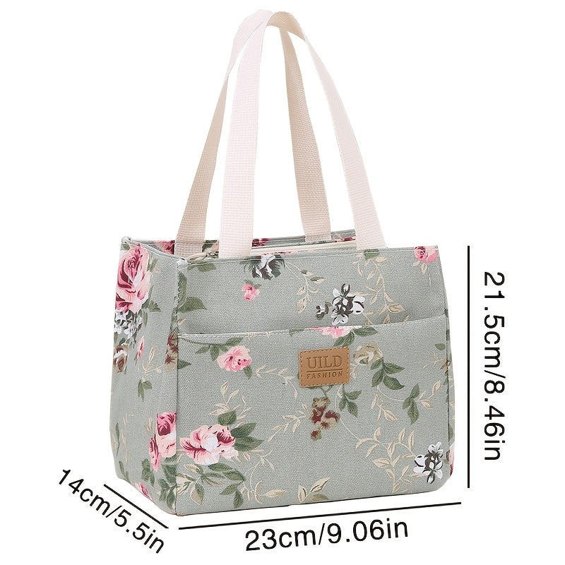 Waterproof Large Capacity Insulated Lunch Bag with Aluminum Foil - Floral Canvas Design, Keeps Food Fresh All Day for Work, Travel & Picnics