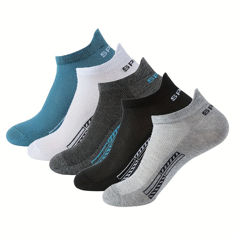 5 pairs of men's sports ankle socks with anti-odor mesh, sweat-absorbing and breathable for summer.