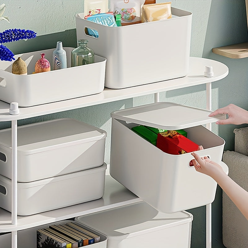 Get organized with this set of four large capacity portable plastic storage bins. These durable, multipurpose organizers come equipped with handles for easy carrying. Perfect for storing snacks, underwear, and kitchen essentials, these sturdy bins are