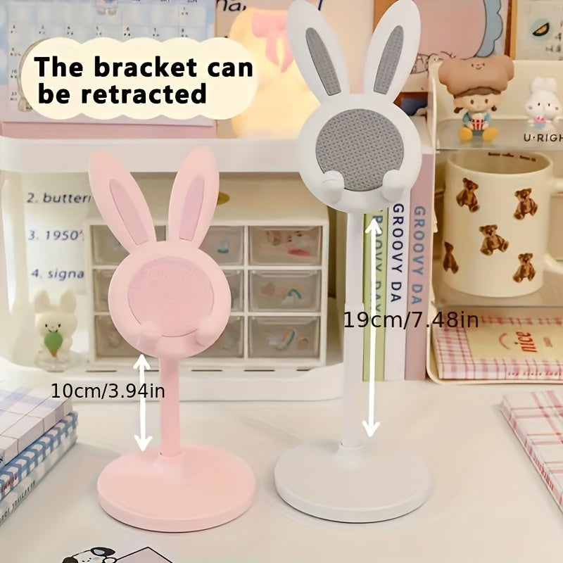 Rabbit phone holder stand with adjustable features, non-slip mat, and retractable design for selfies and live streaming.