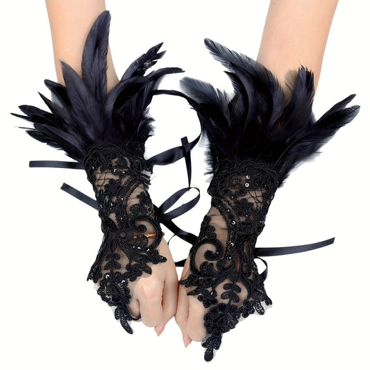 Chic Gothic-inspired gloves with faux feathers, monochrome lace, sequins, and lace-up hooks. Perfect for Halloween parties or dressing up your wrists.