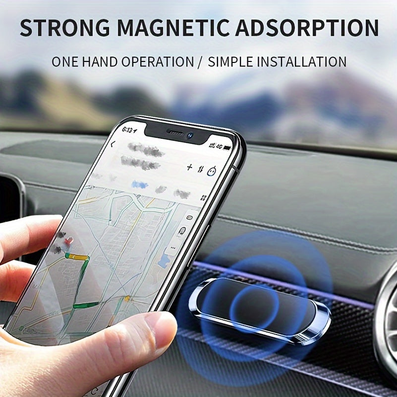 Durable magnetic car phone holder with sleek black aluminum alloy dashboard mount and mini slotted strip design for secure grip.