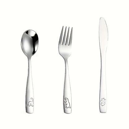 - Set of stainless steel flatware for youngsters
- Cartoon dinosaur design
- Silvery knife, fork, and spoon