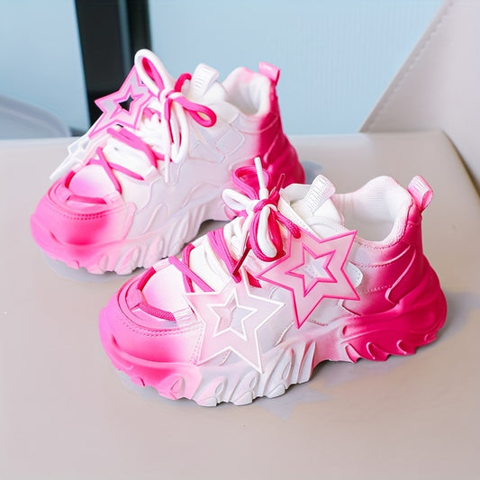 Trendy chunky sneakers for girls in pink and white gradient with star pattern, soft sole, perfect for school, sports, and outdoor play.