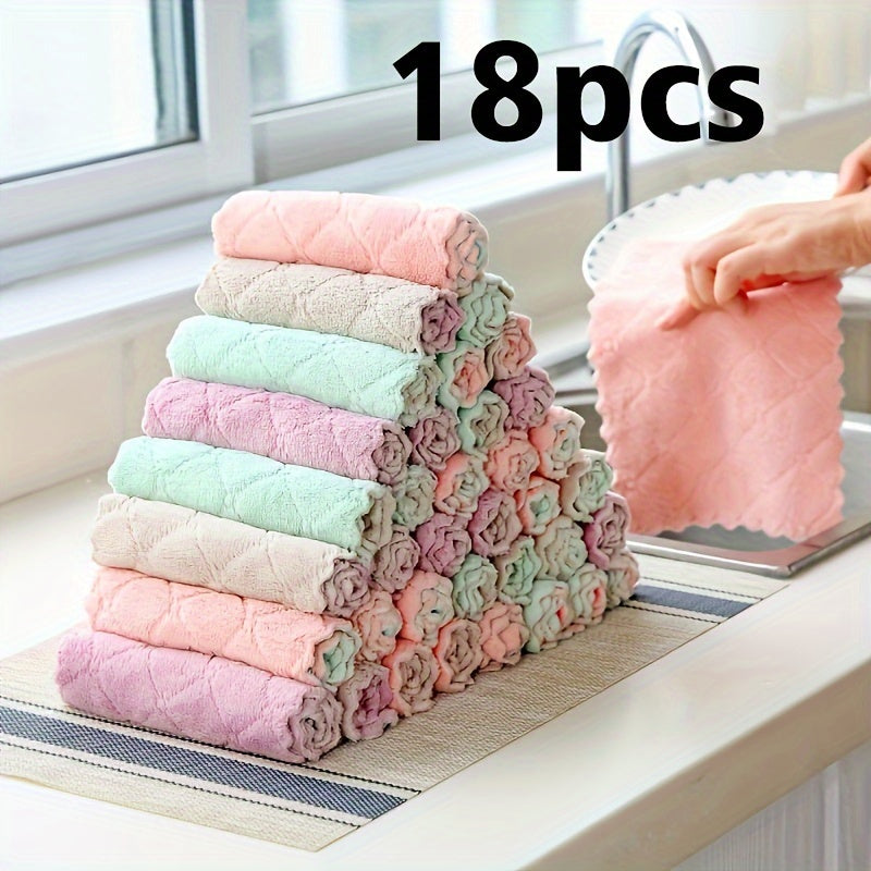 Package of 18 modern microfiber cleaning cloths designed with a knit fabric weave for extra softness. These oblong-shaped cloths are versatile and can be used as dish towels, kitchen wipes, and non-shedding scouring pads. Suitable for various areas