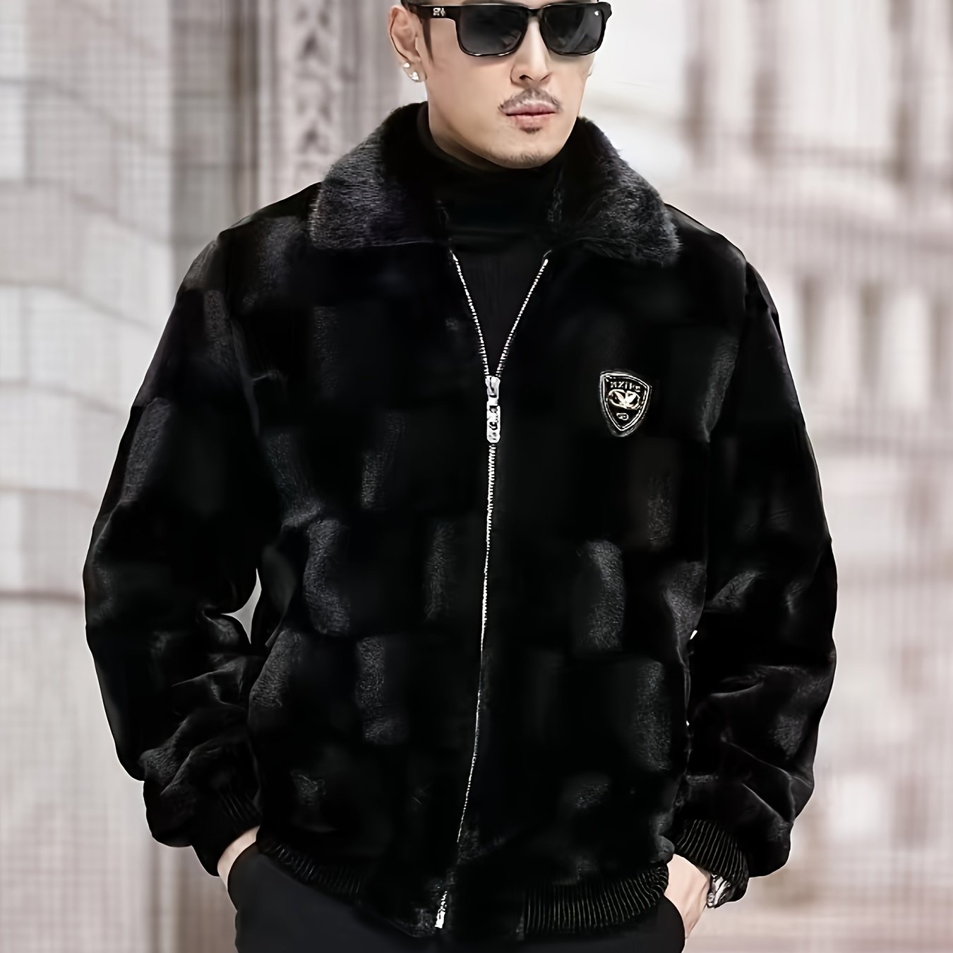 Men's casual faux mink fur jacket with solid color lapel collar, zipper closure, long sleeves, lined, non-stretch woven fabric, and regular fit skinny style for winter.