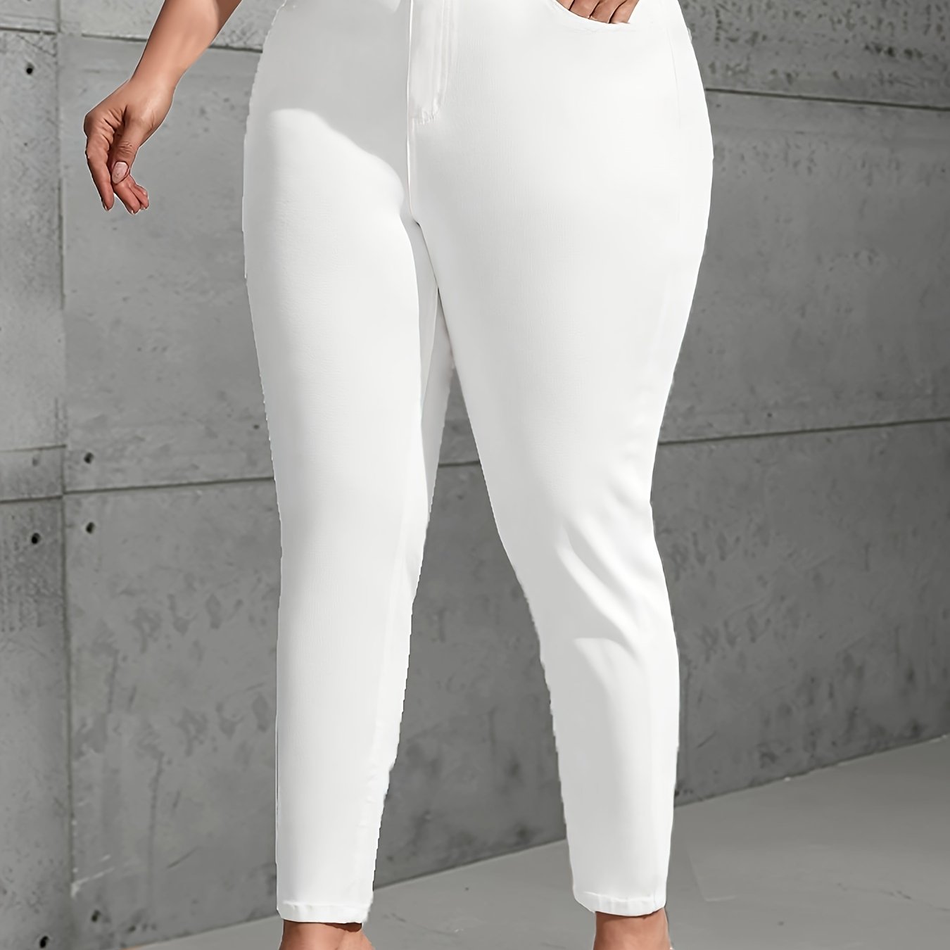 Plus Size Elegant White Skinny Jeans for Women - High-Waisted, Stretch Blend, Slim Fit Ankle-Length with Button Detail, Non-Transparent, All-Season Wear.