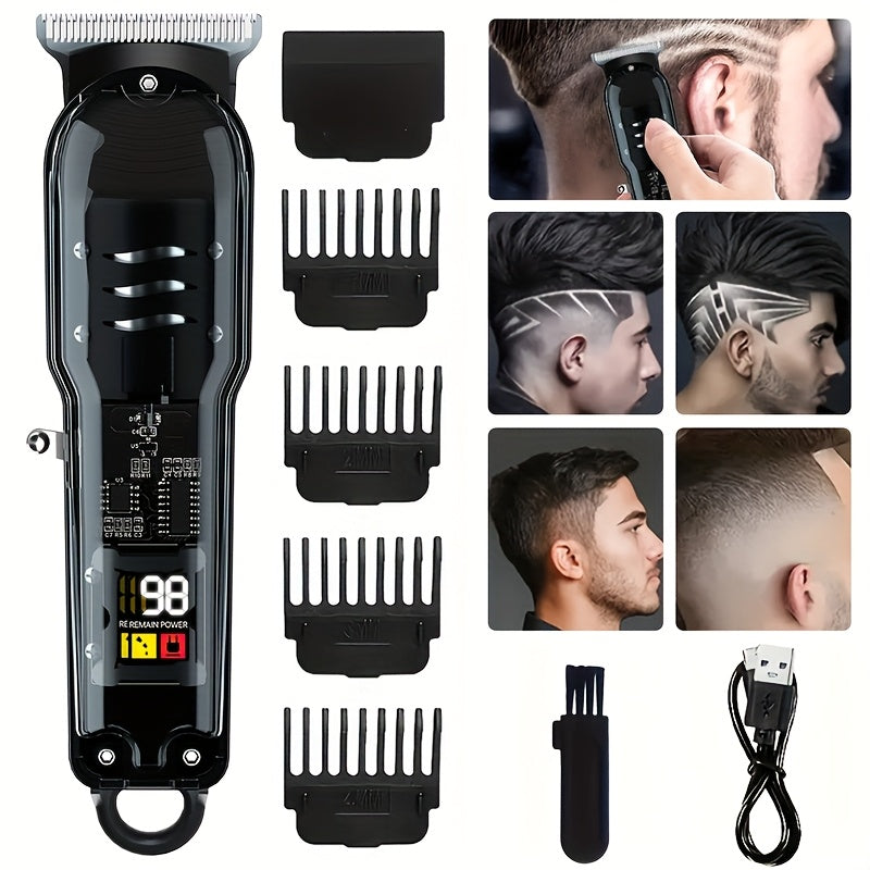 Electric hair clipper with LCD display, rechargeable via USB for home, travel, and salon use.