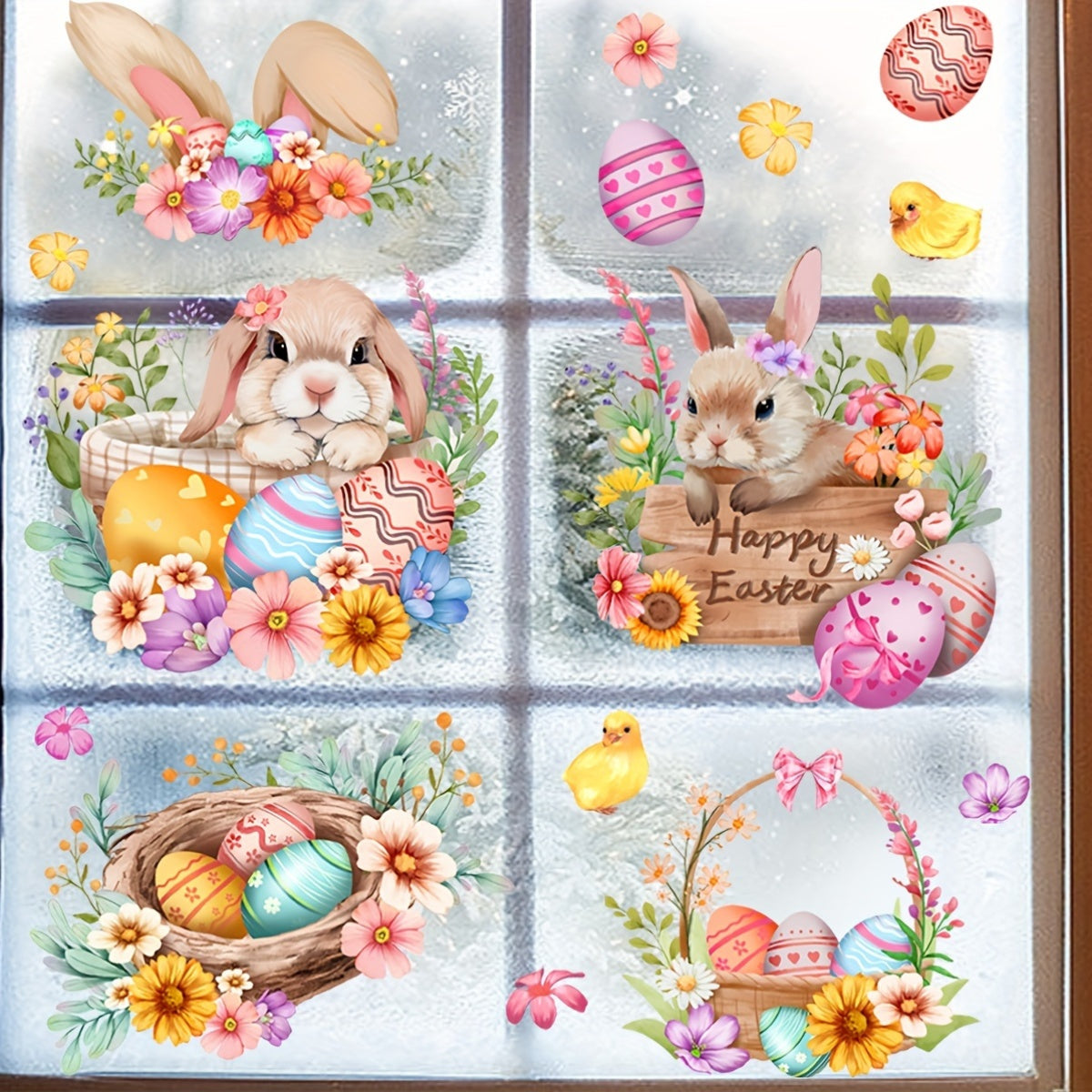 DJ8019-NH Easter Bunny and Eggs Window Clings feature a contemporary style design made of PVC static cling material. These decals are reusable and have a double-sided print. They are 5mil thick and come in an irregular shape, measuring 30x60cm. Perfect