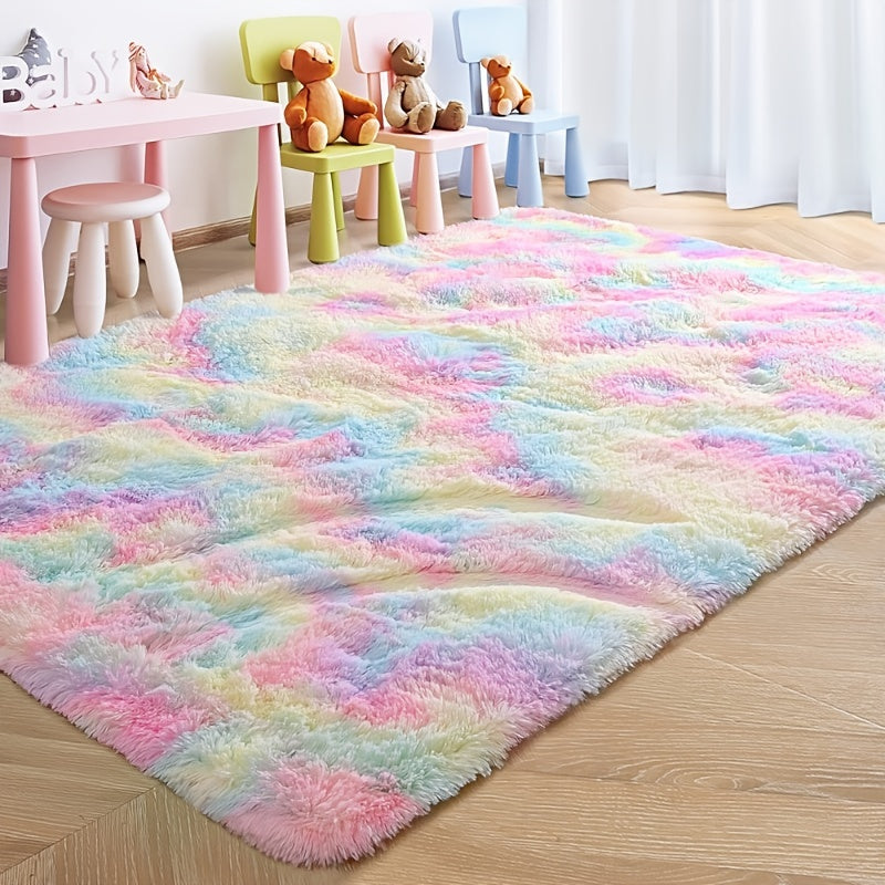 Luxurious Shag Mat for Bedroom and Living Room, Soft Rainbow Rug for Girls and Youngsters, Tie-Dye Throw Mat for Home Decor, Playful Design with Plush Polyester Material – Perfect for Bedroom Decor