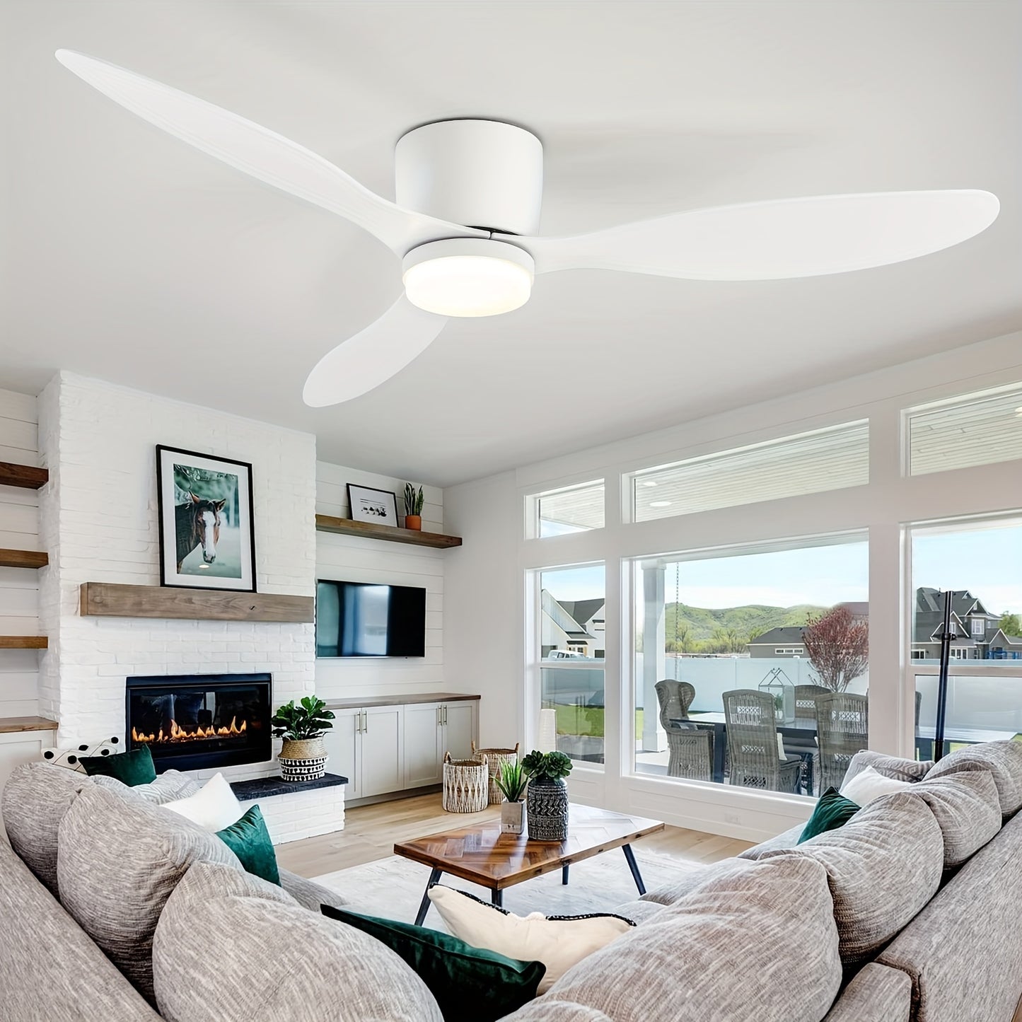 52/42 inch modern ceiling fan with LED lights, remote, adjustable color temperature, 6 wind speeds, 3 blades. For indoor use in living room, bedroom, dining room. Hardwired, 85V-265V. Model