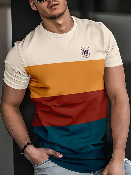 Men's short sleeve crew neck t-shirt with eagle emblem print and color blocking, perfect as a casual and stylish gift.