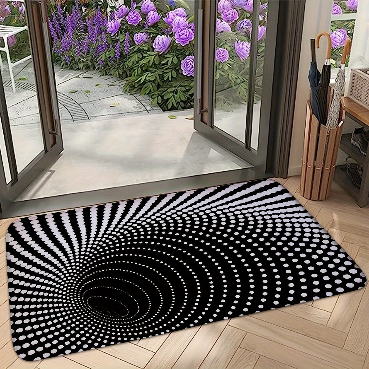 Soft and comfortable, this rectangular welcome mat features a 3D Illusion Black Hole pattern on flannel material. It is non-slip, machine washable, and suitable for both indoor and outdoor entrances and hallways.