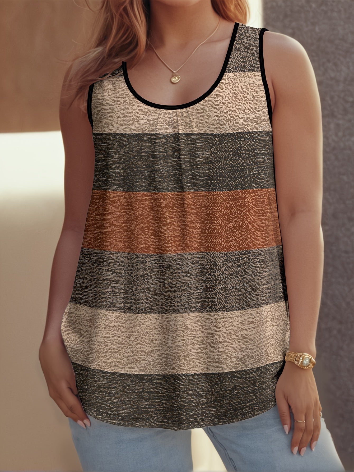 Women's plus size tank with wide stripe linen pattern, perfect for outdoor sports and casual wear.