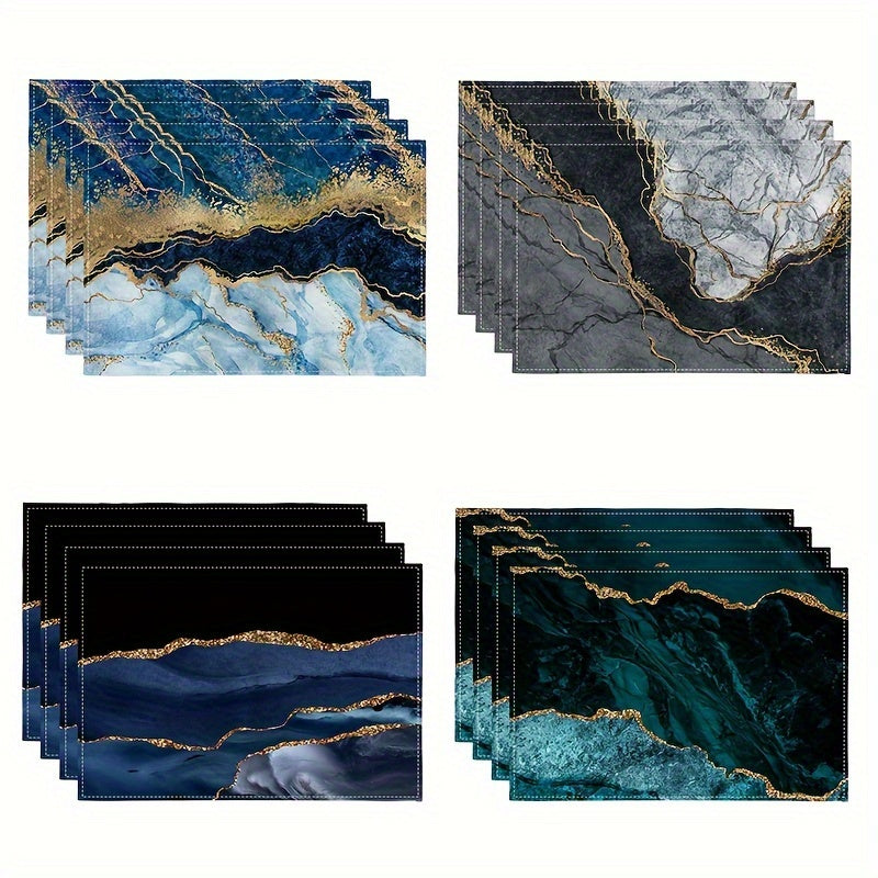 4 abstract art printed placemats with heat insulation, waterproof polyester material, perfect for dining table decor.