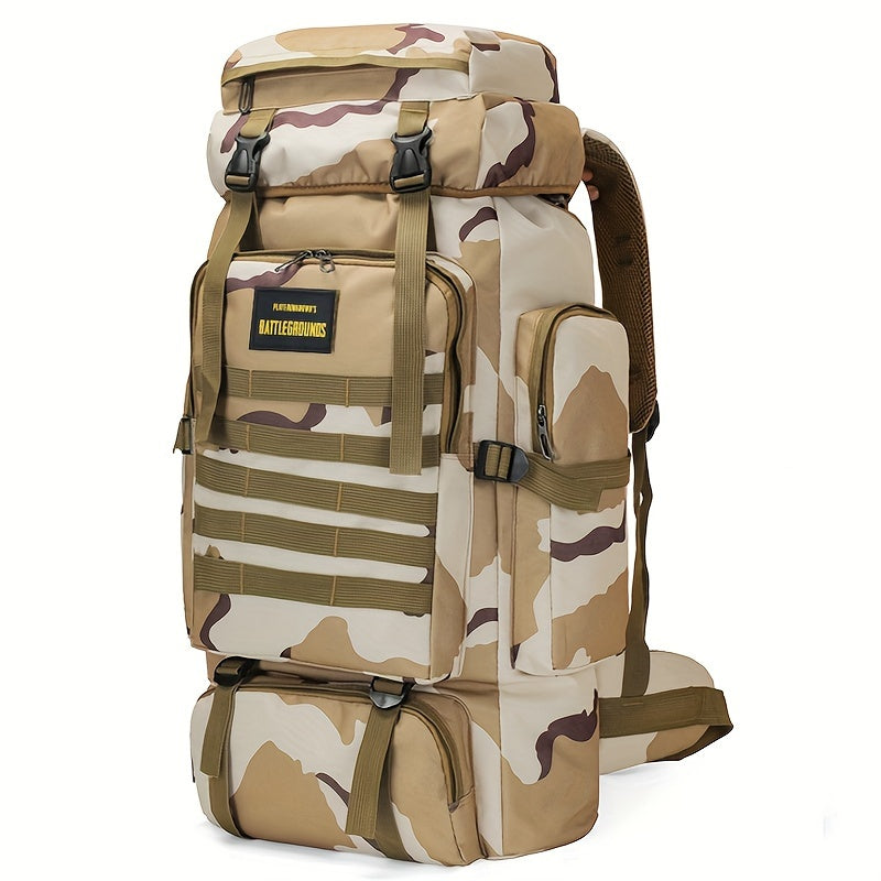 Durable camo travel backpack made from waterproof Oxford cloth, perfect for outdoor adventures and long trips.