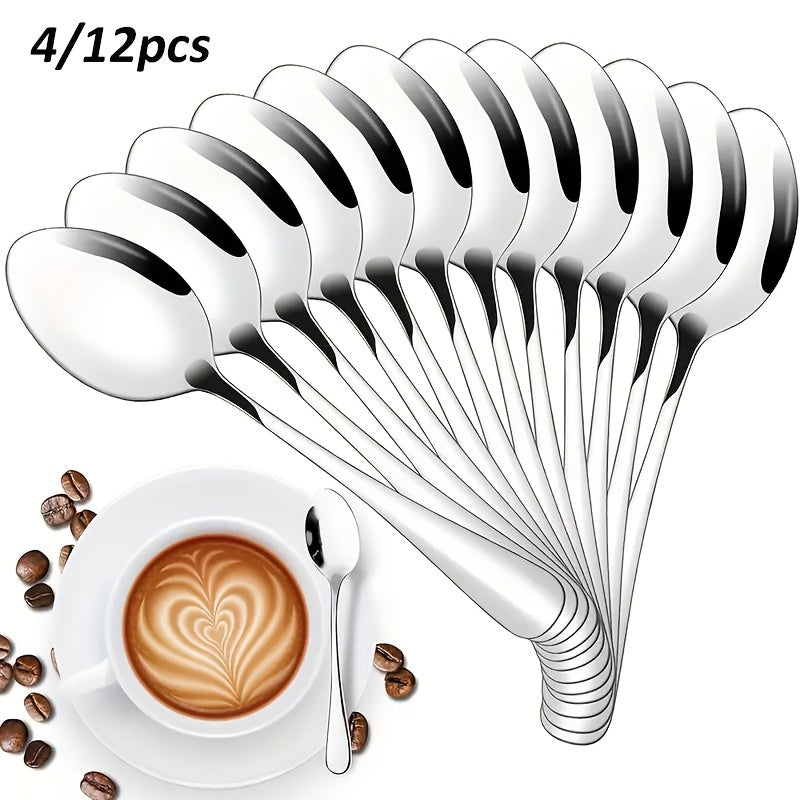 Set of 12 mini stainless steel coffee spoons, measuring 13.46cm in length. Perfect for use with espresso and desserts at home, restaurants, or cafes. These spoons are dishwasher safe, with a polished silvery finish. Ideal for use as espresso accessories