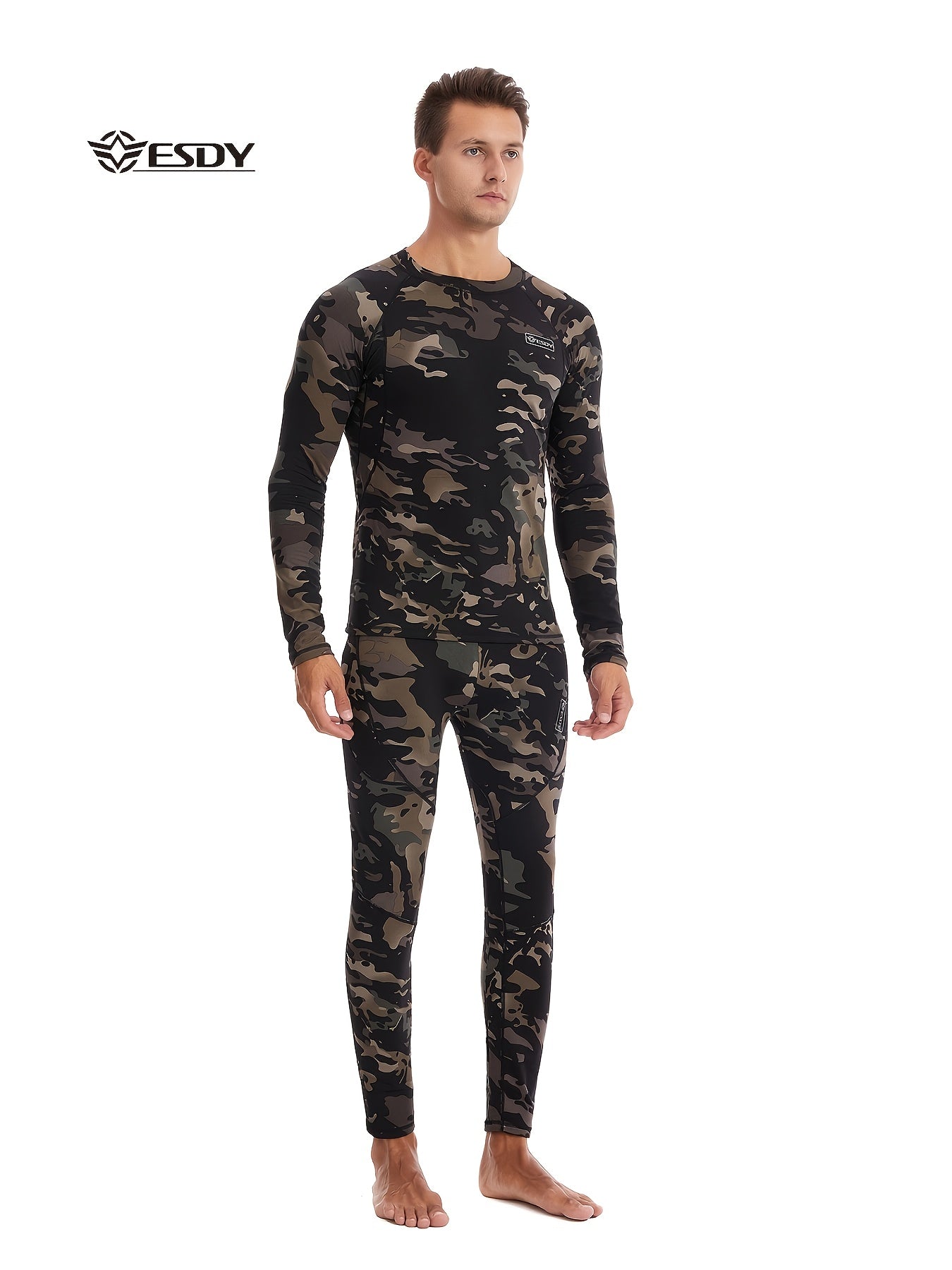 ESDY Men's Camouflage Thermal Underwear - 90% Polyester 10% Spandex, Long Sleeve Crew Neck, Skinny Fit, High Stretch Knit Fabric, Solid Color, for Hiking & Outdoor Activities, Fall/Winter