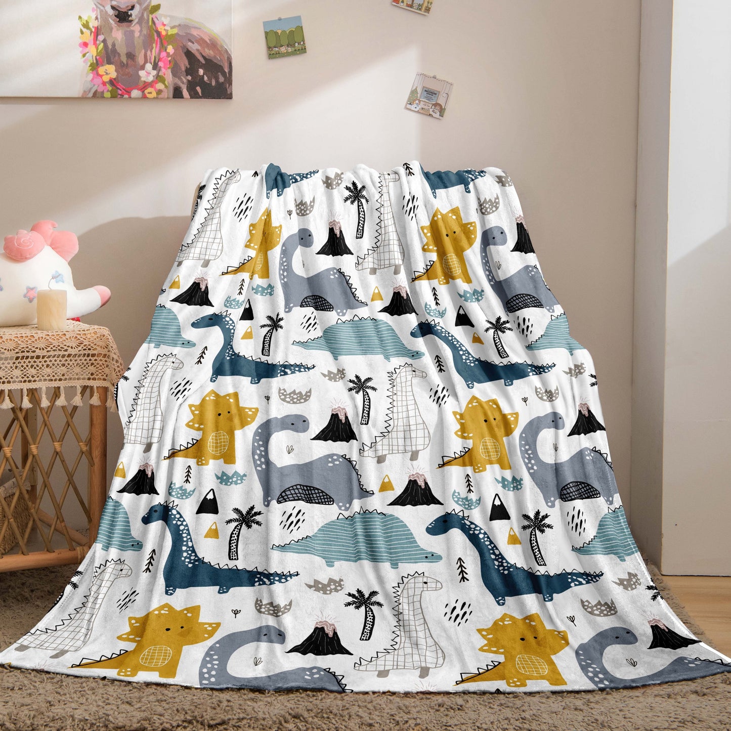 Stay cozy with this adorable Cartoon Dinosaur Pattern Flannel Throw Blanket. Made from soft polyester in a knitted design, this blanket is perfect for young ones to cuddle up with. Available in mixed colors, this dinosaur-themed blanket is sure to keep