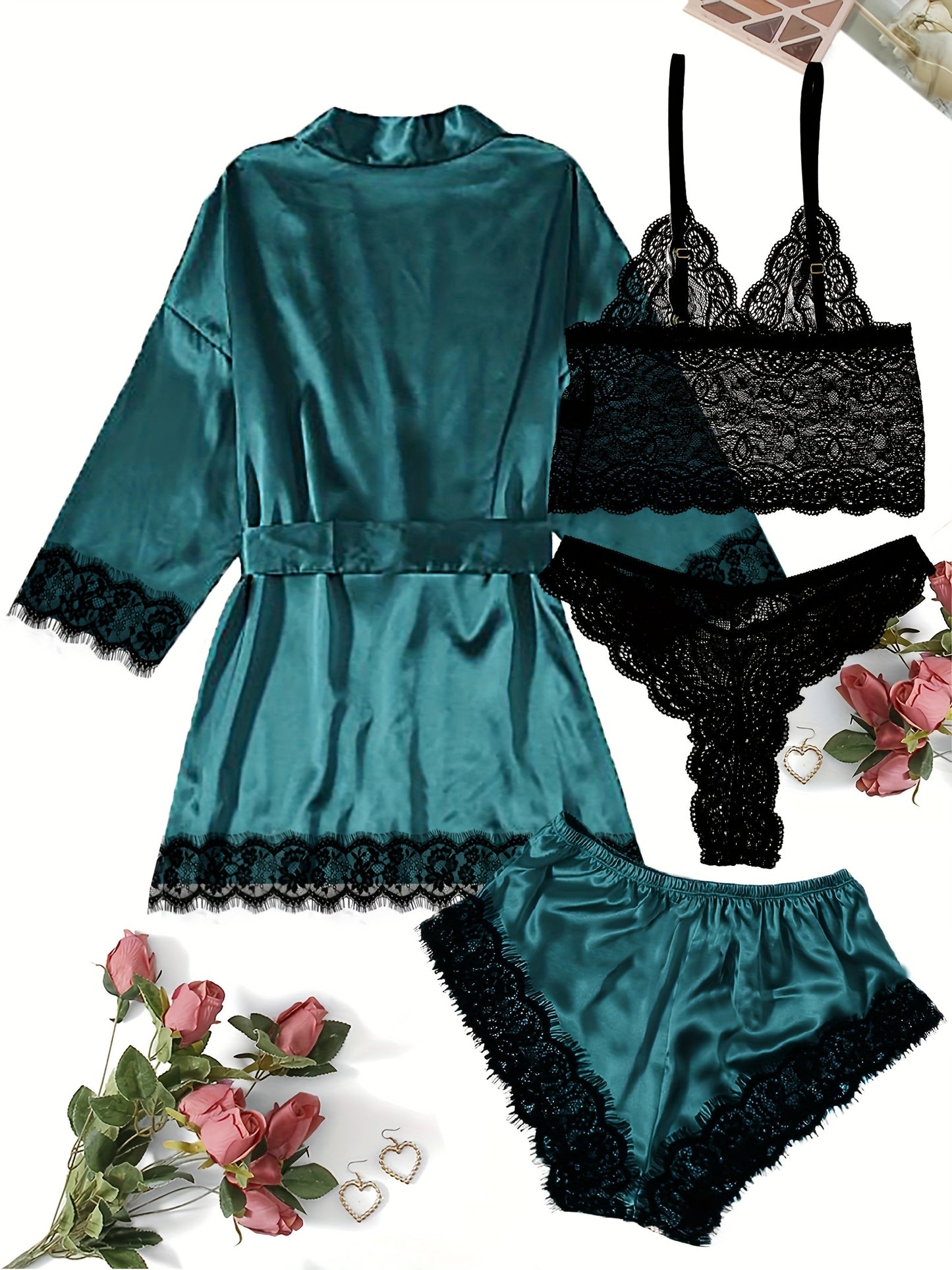 Women's loungewear set with lace detailing, robe, V neck cami, panties, and shorts.