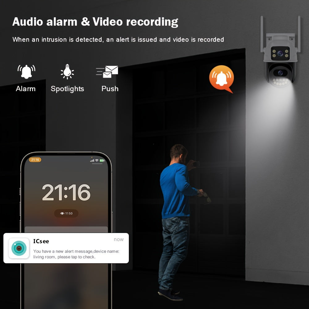 Icsee outdoor 3-lens camera with 4K resolution, dual screens, 8MP, WiFi, 8x zoom, human detection, auto tracking, and security surveillance.