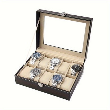 Fashion watch box with 10 slots, PU Leather, clear window, black, rectangular shape, flip-top closure, faux leather interior.