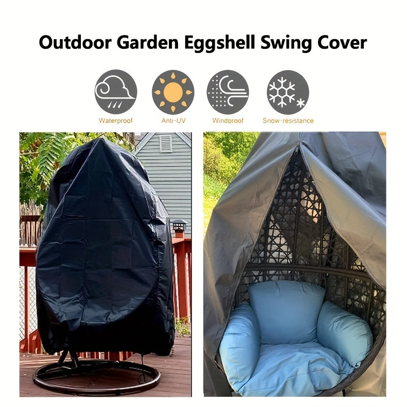 Waterproof and wind-proof black cover for a patio hanging egg chair with zipper and bottom buckle.