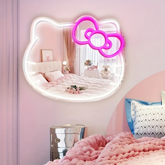 1pc USB-powered Sanrio Hello Kitty Cat neon sign mirror with dimmable LED strip light and switch control. Ideal for bedroom, locker, living room, kid's room, or hallway. Requires no batteries.