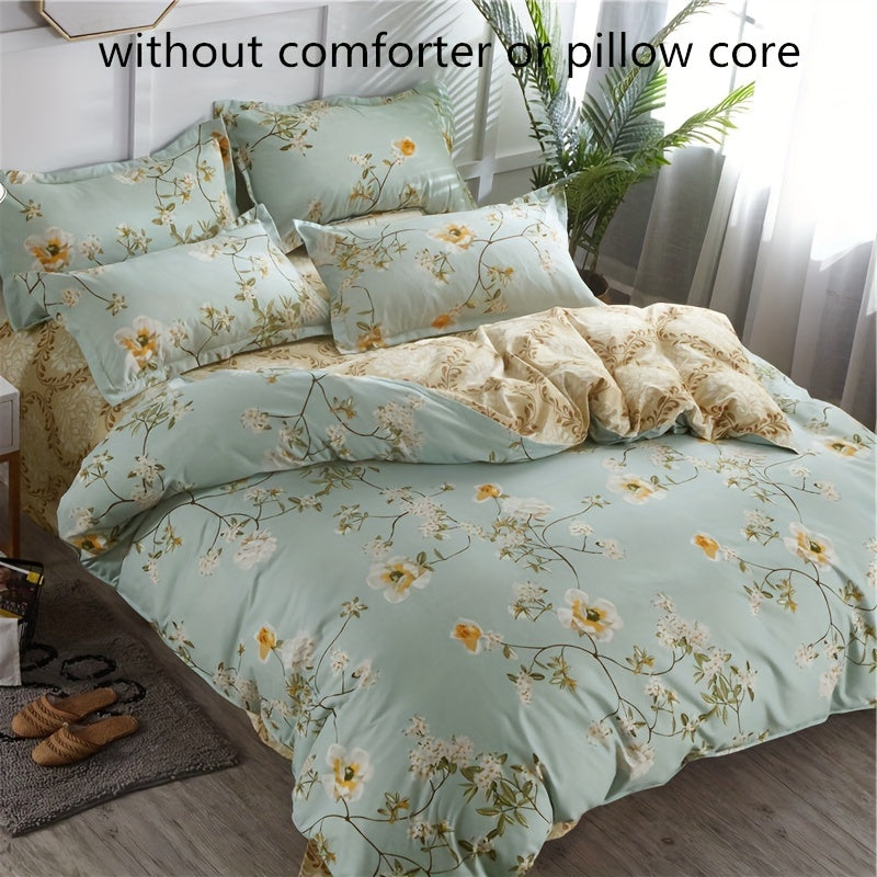 4-piece floral duvet cover set made of soft polyester fabric, includes flat sheet and pillowcases, featuring an elegant flower design for bedroom decor. Core not included.