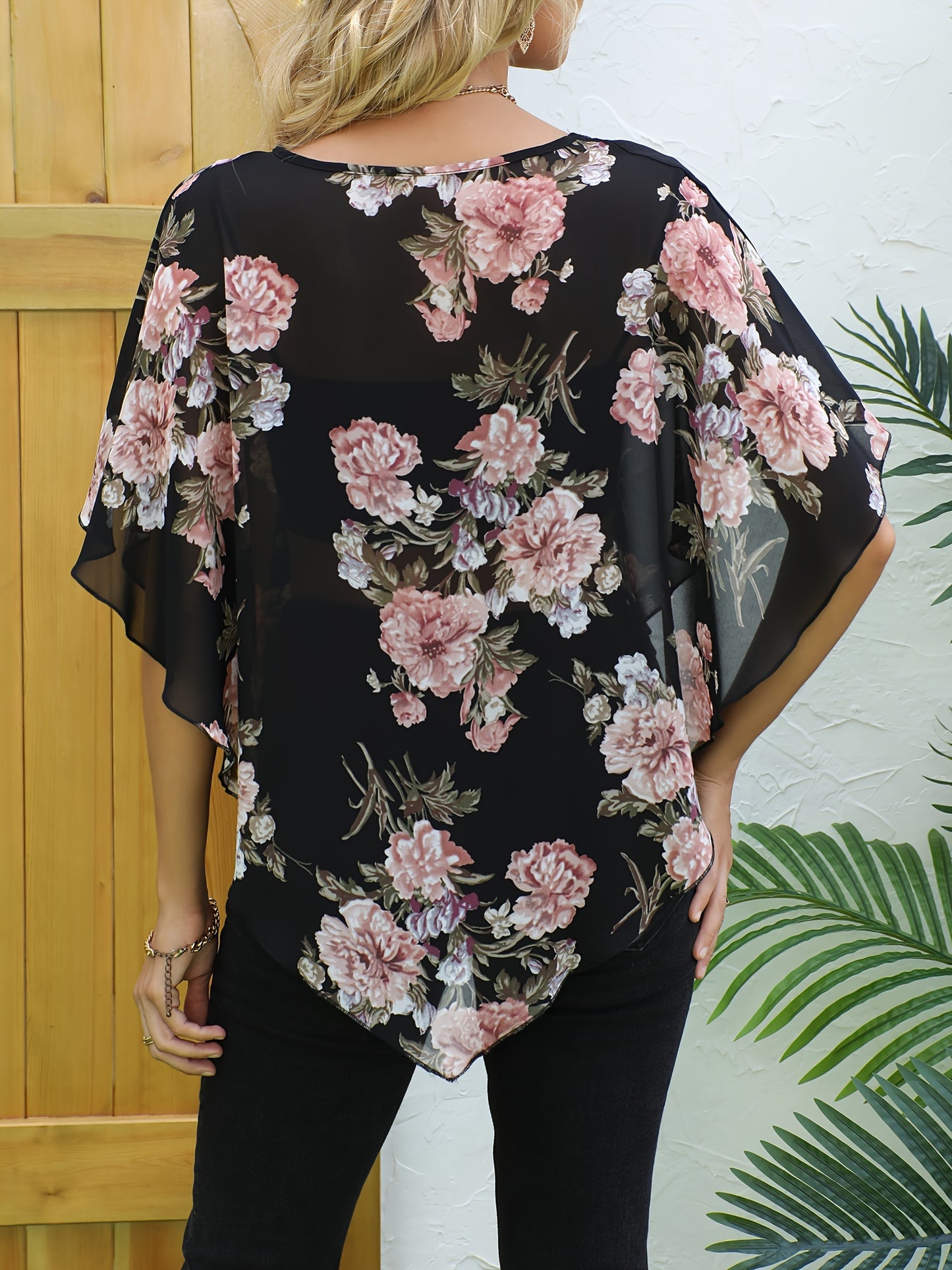 Floral chiffon kimono cardigan for women, loose fit sheer cover-up for sun protection, fashionable summer top