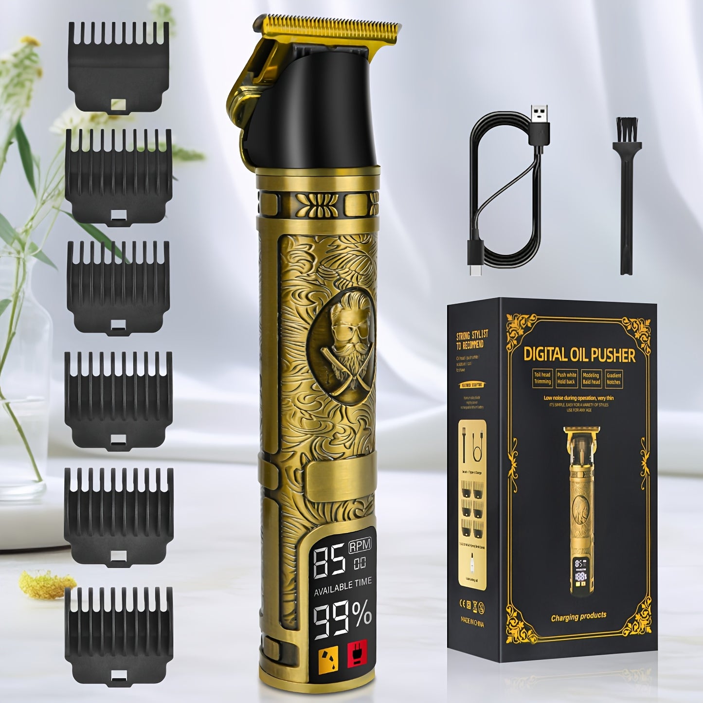 ZQIN Men's Grooming Kit: Rechargeable Hair Clipper with LED Display, 6 Combs, Lithium Battery.