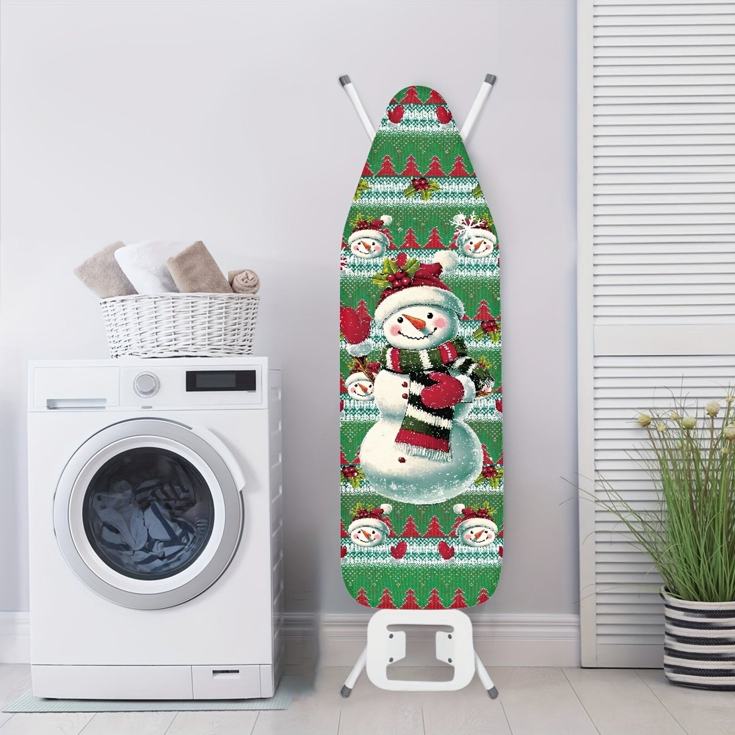 Protective Christmas snowman print ironing board cover for standard size boards, featuring a dust-proof and stain-resistant cloth. Add a cute holiday decor touch to your ironing routine.