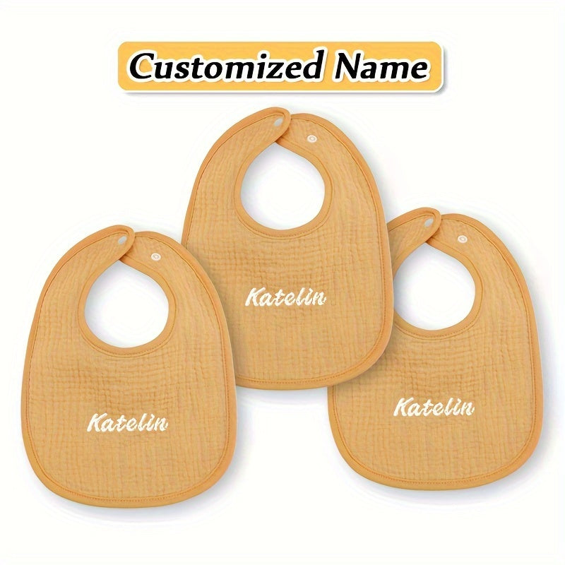 Bundle of 3 Custom Baby Bibs in Yellow, Gray, and Pink - Made with Soft Cotton and Adjustable Snap Buttons. Includes Personalized Name Service, Ideal for Newborns and Toddlers. Great for Holiday Gifting!