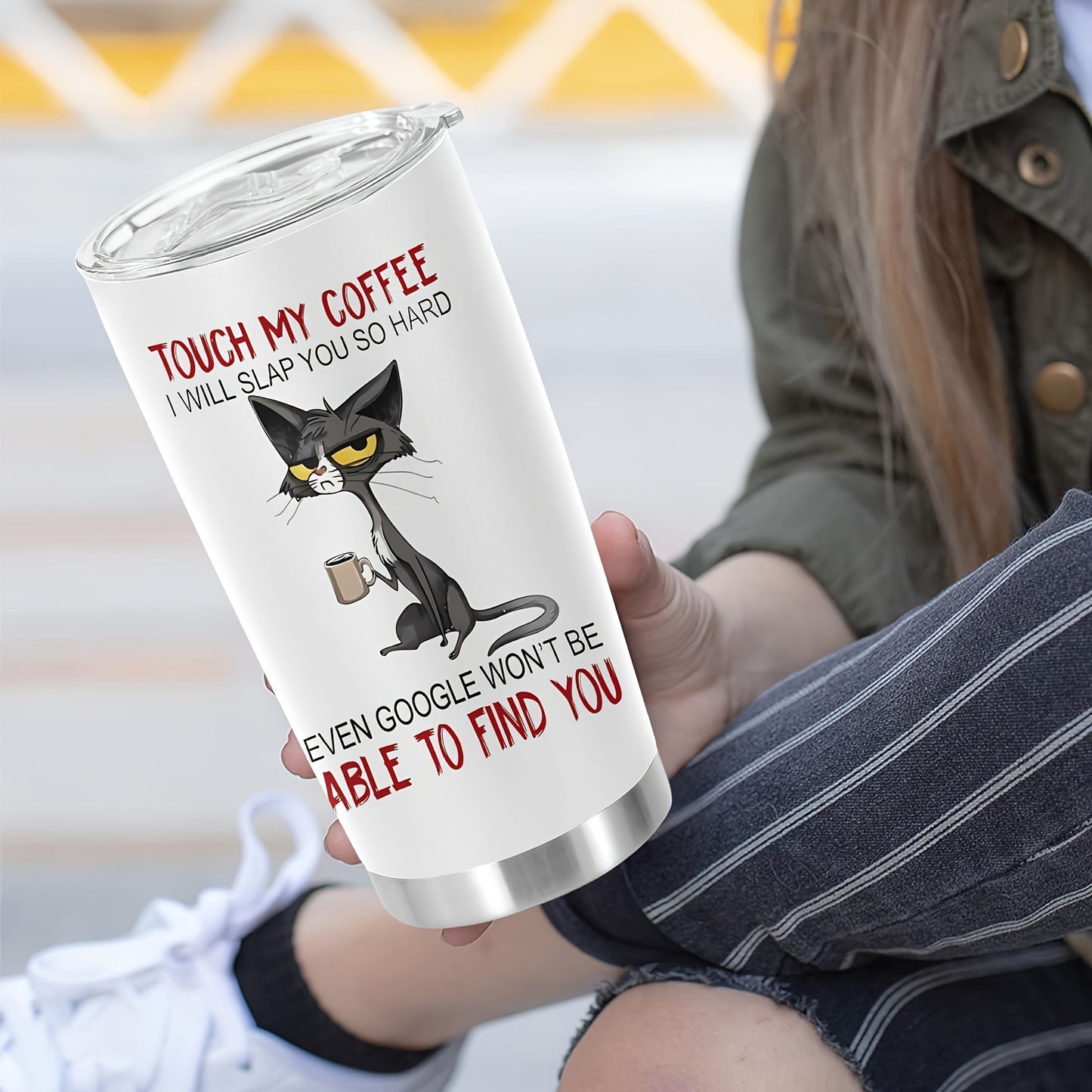 20oz stainless steel cat tumbler with funny print, double wall insulated for hot drinks, great for home, office, car, outdoors, parties and makes a perfect gift for parents, relatives, and friends.