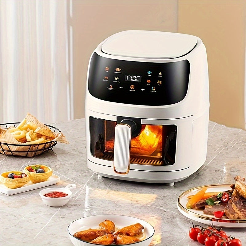 Visual air fryer with color touch screen, perfect for fries, chicken, and steak, with multiple functions for home use.