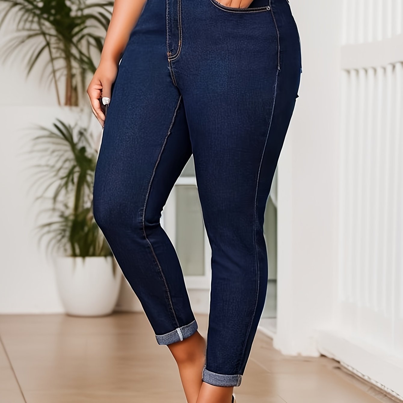 Plus Size Casual Jeans, Women's High Rise Medium Stretch Skinny Jeans with Rolled Button Fly